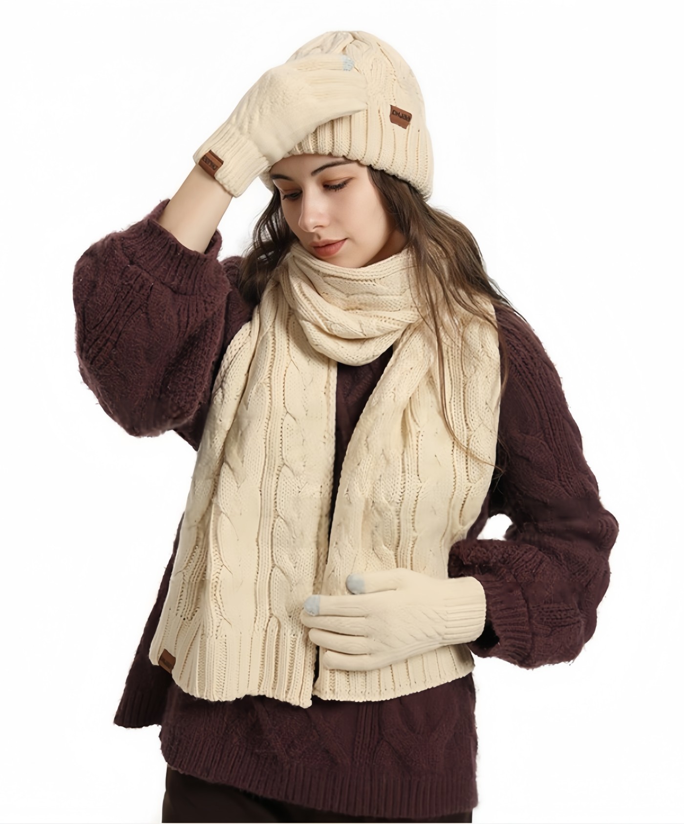 Womens Winter Knit Warm Hat Beanie Long Scarf Touch Screen Gloves Set